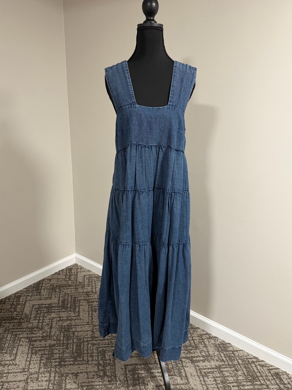 The Helena Square-Neck Tiered Midi Dress: Smocked: Denim Edition - Picture 9 of 15